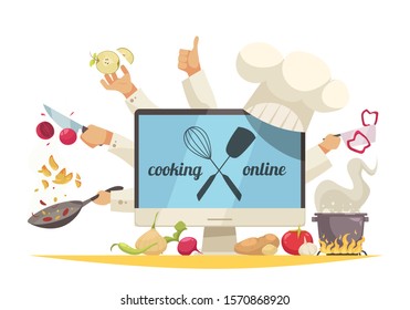 Cooking online concept with chef workshop symbols flat vector illustration