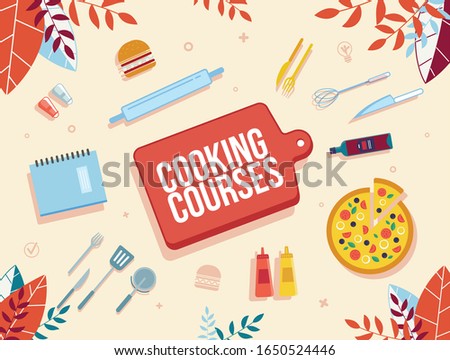Cooking Online Courses, Culinary Internet School, Modern Gastronomy Classes Advertising Banner. Sliced Pizza, Kitchen Utensils, Recipe Book, Ketchup and Mustard Bottles Trendy Flat Vector Illustration