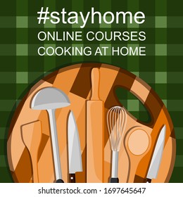 Cooking online courses during the coronavirus pandemic. Stay at home and study online. Vegetarian and vegan food recipes banner with kitchenware, utensils and chopped vegetables. 