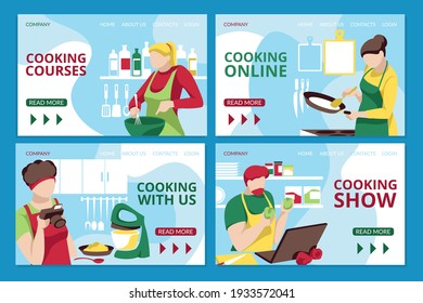 Cooking online, culinary course web page. Cooking show video broadcasting with chefs preparing homemade dish. Online class, culinary tutorial cartoon vector illustration