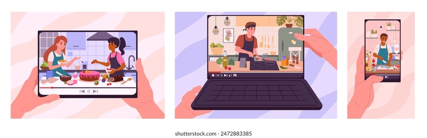 Cooking online show. Food preparing video live stream, people cooking food online, man and woman cooking at home on gadget screen flat vector illustration set. Culinary tutorial scenes