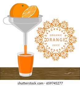 Cooking orange juice in juicer, tasty bright liquid from squeezer. Juicer consisting of beautiful cone shaped, squeezer to healthy orange juice. Squeezer for yellow orange juice, natural steel juicer.