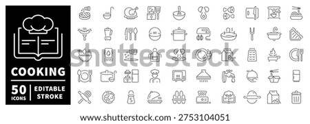 Cooking outline icon set: editable stroke thin line kitchen tools and food symbols