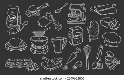 Cooking outline icons set. Line hand drawn ingredients to bake and cook in kitchen, food and dessert preparation symbols and bakers tools to make dough and whipped cream cake. Vector illustration.