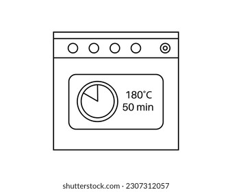 Cooking in the oven concept. Recipe and preparation for baked dishes. Setup for temperature and alarm times. 50 minutes and 180 celsius degrees. Kitchen timer outline flat vector illustration