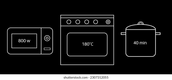 Cooking in the oven, microwave or saucepan. Preparation for making the dishes. Setup for temperature, power and alarm time. 800 watt, 40 minutes and 180 celsius degrees. Kitchen vector illustration.