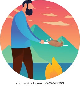 Cooking Over Campfire Outdoors UI Flat Icon Vector EPS