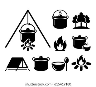 Cooking over a fire, campfire cooking, hike icons set