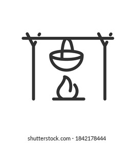 cocinar sobre un fuego, acampar, icono lineal. Trazo editable