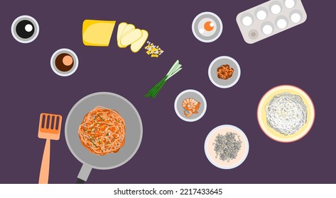 Cooking Pad Thai Vector Illustration Design Top View.