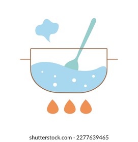 Cocina en sartén. Agua hirviendo en utensilios de cocina, remover líquido con cuchara. Etapa de preparación de los alimentos. Infografía, afiche o banner para el sitio web. Dibujo vectorial plano de dibujos animados