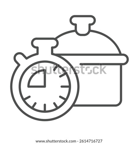 Cooking pan and clock thin line icon, culinary cooking concept. Vector graphics. Food timer with soup pot sign on white background, linear style icon for mobile or web design