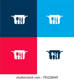 Cooking pan and cutlery set four color material and minimal icon logo set in red and blue