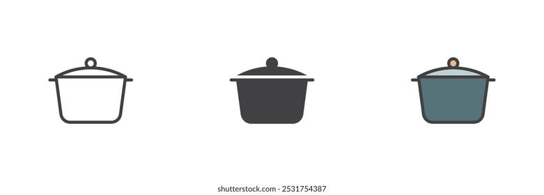 Kochtopf verschiedenen Stil Symbol-Set. Linie, Glyphe und gefüllte Kontur bunte Version, Kontur und gefüllte Vektorzeichen. Saucepan, Kasserolle-Symbol, Logo-Illustration. Vektorgrafiken