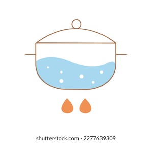 Cooking in pan at fire. Boiling stages of water and liquid, preparation. Preparation of spaghetti or soup. Infographic, poster or banner for website. Cartoon flat vector illustration