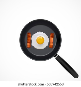 Cooking pan and fried egg with bacon isolated on white, vector illustration