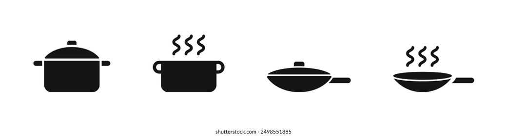 Cooking pan. Frying pan and pan set icons. Cooking , Roasting food icons.