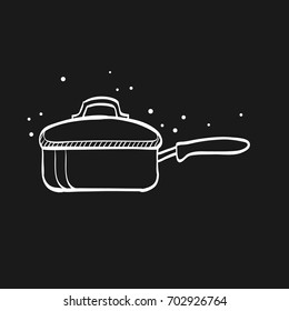 Cooking pan icon in doodle sketch lines. Food restaurant chef utensil boiling hot saucepan