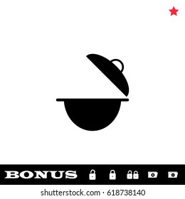 Cooking pan icon flat. Black pictogram on white background. Vector illustration symbol and bonus button open and closed lock, folder, star
