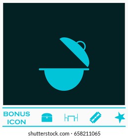 Cooking pan icon flat. Blue pictogram on dark background. Vector illustration symbol and bonus icons