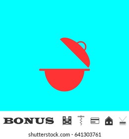 Cooking pan icon flat. Red pictogram on blue background. Vector illustration symbol and bonus buttons Music center, corkscrew, credit card, house, drum