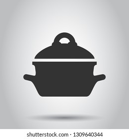 Cooking pan icon in flat style. Kitchen pot illustration on white background. Saucepan equipment business concept.