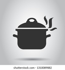 Cooking pan icon in flat style. Kitchen pot illustration on white background. Saucepan equipment business concept.