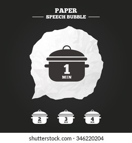 Cooking pan icons. Boil 1, 2, 3 and 4 minutes signs. Stew food symbol. Paper speech bubble with icon.