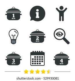 Cooking pan icons. Boil 1, 2, 3 and 4 minutes signs. Stew food symbol. Information, light bulb and calendar icons. Investigate magnifier. Vector