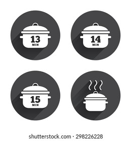 Cooking pan icons. Boil 13, 14 and 15 minutes signs. Stew food symbol. Circles buttons with long flat shadow. Vector