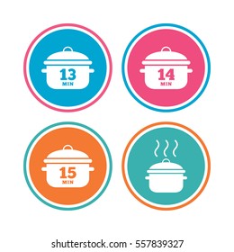 Cooking pan icons. Boil 13, 14 and 15 minutes signs. Stew food symbol. Colored circle buttons. Vector