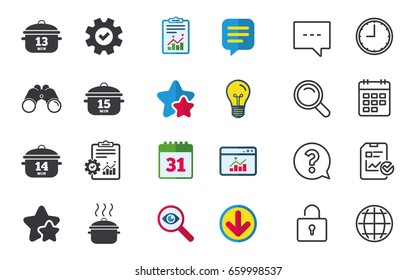 Cooking pan icons. Boil 13, 14 and 15 minutes signs. Stew food symbol. Chat, Report and Calendar signs. Stars, Statistics and Download icons. Question, Clock and Globe. Vector