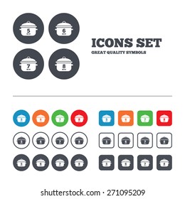 Cooking pan icons. Boil 5, 6, 7 and 8 minutes signs. Stew food symbol. Web buttons set. Circles and squares templates. Vector