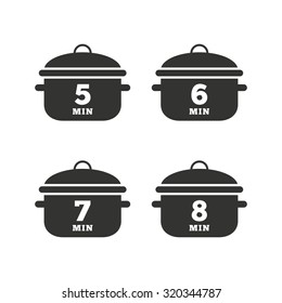 Cooking pan icons. Boil 5, 6, 7 and 8 minutes signs. Stew food symbol. Flat icons on white. Vector