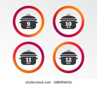 Cooking pan icons. Boil 9, 10, 11 and 12 minutes signs. Stew food symbol. Infographic design buttons. Circle templates. Vector