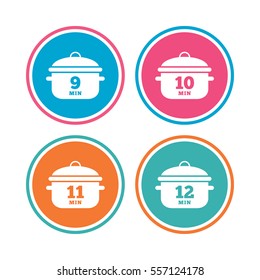 Cooking pan icons. Boil 9, 10, 11 and 12 minutes signs. Stew food symbol. Colored circle buttons. Vector