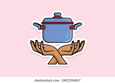 Dibujo vectorial de diseño de la barra de cocción en la mano del chef. Concepto de ícono de objeto de cocina. Logo de la mano creativa y del icono de la sartén. Cocinando el diseño de pegatinas coloridas en olla con sombra.
