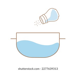 Cooking in pan with pepper. Spices and salt for taste, cooking and preparation steps. Recipe and infographic. Template, layout and mock up. Cartoon flat vector illustration