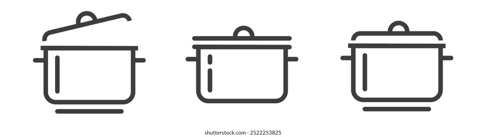 Cooking pan pot icon simple thin line stroke graphic illustration set, kitchen saucepan open closed outline silhouette pictogram design, kitchenware image clip art isolated cut out sign