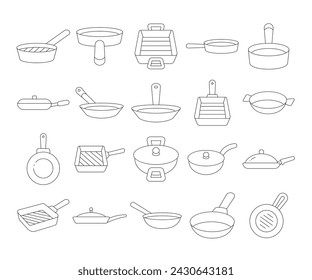 Kochpfanne und Topf Symbole setzen dünne Linie Illustration