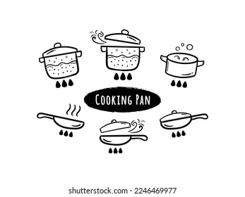 Cooking pan and pot vector line icons doodles. Kitchen utensil hand drawn illustration drawings