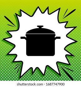 Cooking pan sign. Black Icon on white popart Splash at green background with white spots. Illustration.