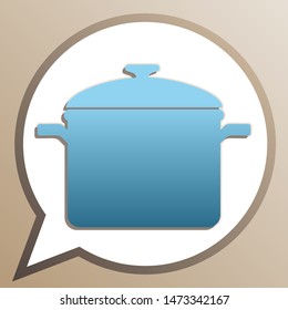 Cooking pan sign. Bright cerulean icon in white speech balloon at pale taupe background. Illustration.