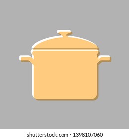 Cooking pan sign. Emboss effect with light orange icon on gray background.