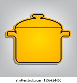 Cooking pan sign. Flat orange icon with overlapping linear black icon with gray shadow at whitish background. Illustration.