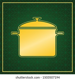 Cooking pan sign. Golden icon with gold contour at dark green gridded white background. Illustration.