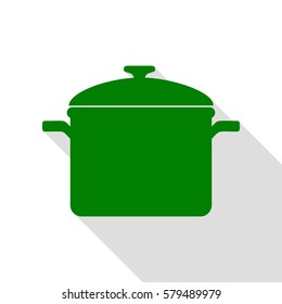 Cooking pan sign. Green icon with flat style shadow path.