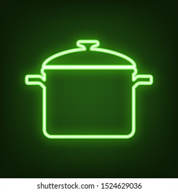 Cooking pan sign. Green neon icon in the dark. Blurred lightening. Illustration.