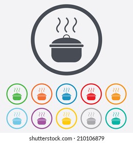 Cooking pan sign icon. Boil or stew food symbol. Round circle buttons with frame. Vector