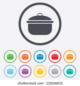 Cooking pan sign icon. Boil or stew food symbol. Round circle buttons with frame. Vector